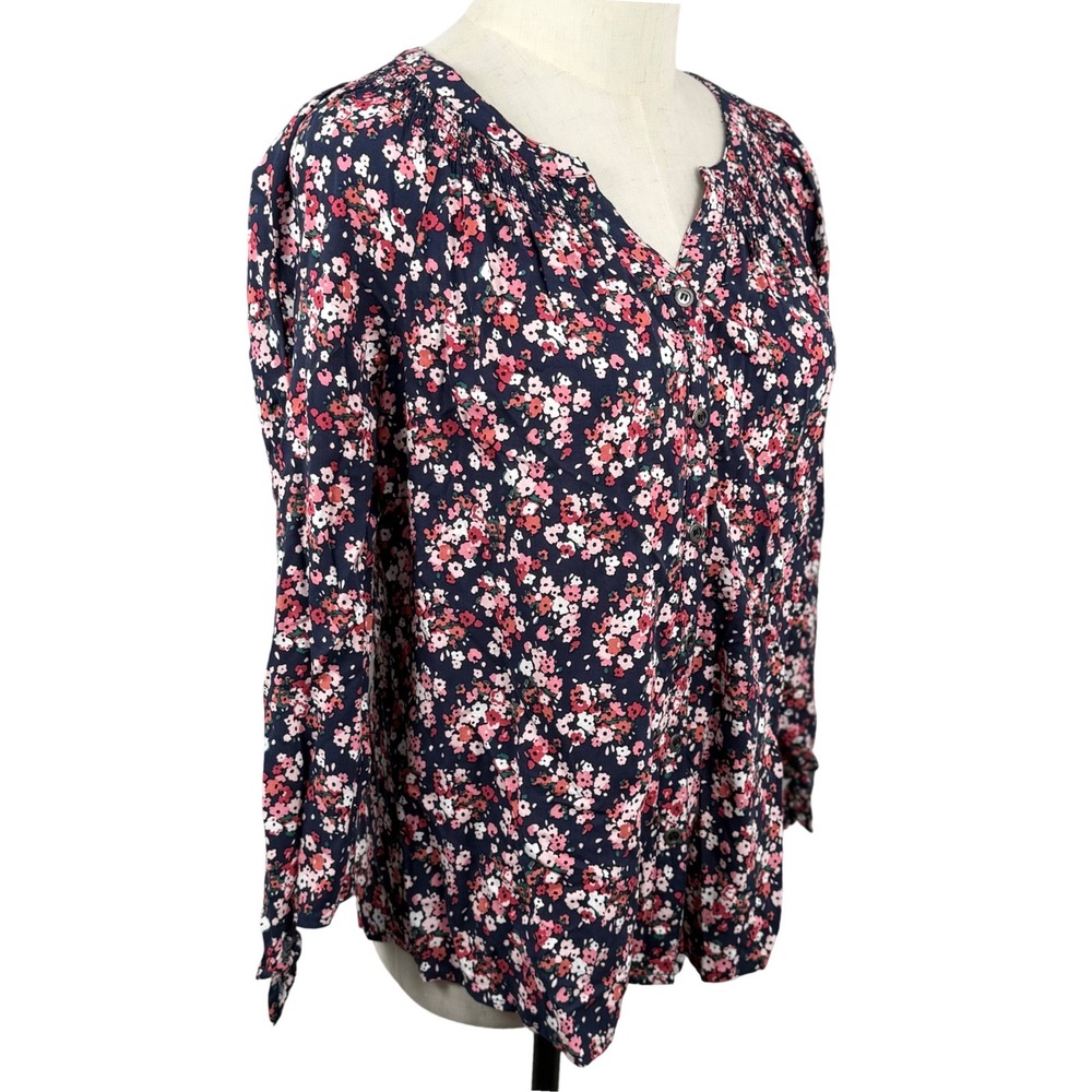 Westport Women PS Blouse Navy Pink Floral Smocked Tie Cuff Rayon Cottagecore EUC